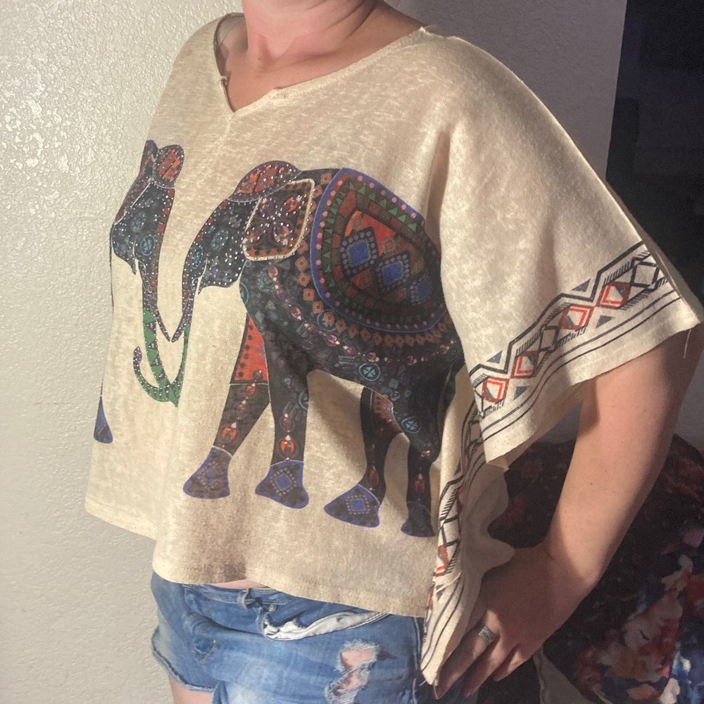 Step in Style Beige Bejeweled Elephants Meeting Poncho Crop Top Medium
